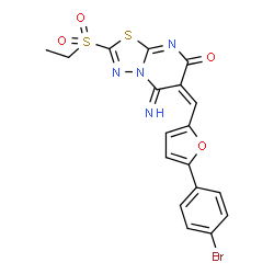 ChemSpider 2D Image | (6E)-6-{[5-(4-Bromophenyl)-2-furyl]methylene}-2-(ethylsulfonyl)-5-imino-5,6-dihydro-7H-[1,3,4]thiadiazolo[3,2-a]pyrimidin-7-one | C18H13BrN4O4S2