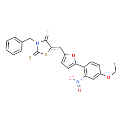 ChemSpider 2D Image | (5Z)-3-Benzyl-5-{[5-(4-ethoxy-2-nitrophenyl)-2-furyl]methylene}-2-thioxo-1,3-thiazolidin-4-one | C23H18N2O5S2