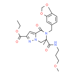 ChemSpider 2D Image | Ethyl 5-(1,3-benzodioxol-5-ylmethyl)-6-[(3-methoxypropyl)carbamoyl]-6-methyl-4-oxo-4,5,6,7-tetrahydropyrazolo[1,5-a]pyrazine-2-carboxylate | C23H28N4O7
