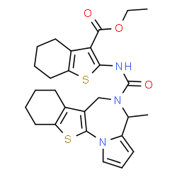 ChemSpider 2D Image | Ethyl 2-{[(4-methyl-7,8,9,10-tetrahydro-4H-[1]benzothieno[3,2-f]pyrrolo[1,2-a][1,4]diazepin-5(6H)-yl)carbonyl]amino}-4,5,6,7-tetrahydro-1-benzothiophene-3-carboxylate | C27H31N3O3S2