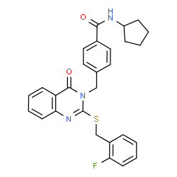 ChemSpider 2D Image | N-Cyclopentyl-4-({2-[(2-fluorobenzyl)sulfanyl]-4-oxo-3(4H)-quinazolinyl}methyl)benzamide | C28H26FN3O2S