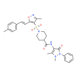 ChemSpider 2D Image | N-(1,5-Dimethyl-3-oxo-2-phenyl-2,3-dihydro-1H-pyrazol-4-yl)-1-({3-methyl-5-[(E)-2-(4-methylphenyl)vinyl]-1,2-oxazol-4-yl}sulfonyl)-4-piperidinecarboxamide | C30H33N5O5S