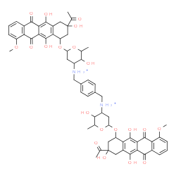 ChemSpider 2D Image | N,N'-[1,4-Phenylenebis(methylene)]bis{6-[(3-acetyl-3,5,12-trihydroxy-10-methoxy-6,11-dioxo-1,2,3,4,6,11-hexahydro-1-tetracenyl)oxy]-3-hydroxy-2-methyltetrahydro-2H-pyran-4-aminium} (non-preferred name
) | C62H66N2O20