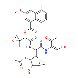 ChemSpider 2D Image | 2-{[(1E)-1-(3-Acetoxy-4-hydroxy-1-azabicyclo[3.1.0]hex-2-ylidene)-2-{[(1E)-1-hydroxy-3-oxo-1-buten-2-yl]amino}-2-oxoethyl]amino}-1-(2-methyl-2-oxiranyl)-2-oxoethyl 3-methoxy-5-methyl-1-naphthoate | C31H33N3O11