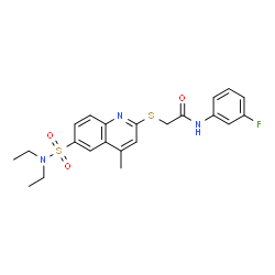 ChemSpider 2D Image | 2-{[6-(Diethylsulfamoyl)-4-methyl-2-quinolinyl]sulfanyl}-N-(3-fluorophenyl)acetamide | C22H24FN3O3S2
