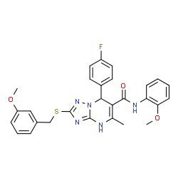 ChemSpider 2D Image | 7-(4-Fluorophenyl)-2-[(3-methoxybenzyl)sulfanyl]-N-(2-methoxyphenyl)-5-methyl-1,7-dihydro[1,2,4]triazolo[1,5-a]pyrimidine-6-carboxamide | C28H26FN5O3S