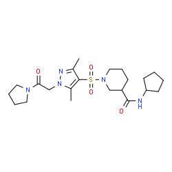 ChemSpider 2D Image | N-Cyclopentyl-1-({3,5-dimethyl-1-[2-oxo-2-(1-pyrrolidinyl)ethyl]-1H-pyrazol-4-yl}sulfonyl)-3-piperidinecarboxamide | C22H35N5O4S