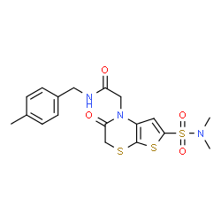 ChemSpider 2D Image | 2-[6-(Dimethylsulfamoyl)-2-oxo-2,3-dihydro-1H-thieno[2,3-b][1,4]thiazin-1-yl]-N-(4-methylbenzyl)acetamide | C18H21N3O4S3