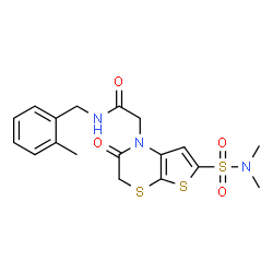 ChemSpider 2D Image | 2-[6-(Dimethylsulfamoyl)-2-oxo-2,3-dihydro-1H-thieno[2,3-b][1,4]thiazin-1-yl]-N-(2-methylbenzyl)acetamide | C18H21N3O4S3