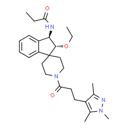 ChemSpider 2D Image | N-{(2R,3R)-2-Ethoxy-1'-[3-(1,3,5-trimethyl-1H-pyrazol-4-yl)propanoyl]-2,3-dihydrospiro[indene-1,4'-piperidin]-3-yl}propanamide | C27H38N4O3