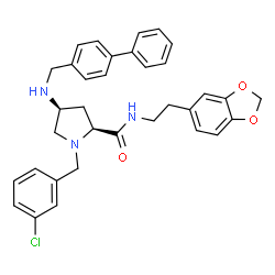 ChemSpider 2D Image | (4S)-N-[2-(1,3-Benzodioxol-5-yl)ethyl]-4-[(4-biphenylylmethyl)amino]-1-(3-chlorobenzyl)-L-prolinamide | C34H34ClN3O3