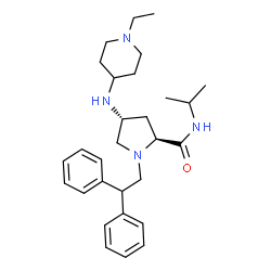 ChemSpider 2D Image | (4R)-1-(2,2-Diphenylethyl)-4-[(1-ethyl-4-piperidinyl)amino]-N-isopropyl-L-prolinamide | C29H42N4O