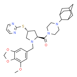 ChemSpider 2D Image | [4-(Adamantan-2-yl)-1-piperazinyl][(2S,4R)-1-[(7-methoxy-1,3-benzodioxol-5-yl)methyl]-4-(2-pyrimidinylsulfanyl)-2-pyrrolidinyl]methanone | C32H41N5O4S