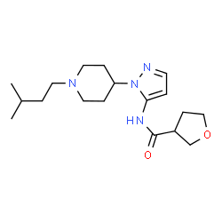 ChemSpider 2D Image | N-{1-[1-(3-Methylbutyl)-4-piperidinyl]-1H-pyrazol-5-yl}tetrahydro-3-furancarboxamide | C18H30N4O2