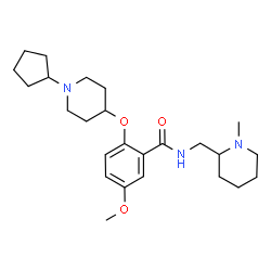 ChemSpider 2D Image | 2-[(1-Cyclopentyl-4-piperidinyl)oxy]-5-methoxy-N-[(1-methyl-2-piperidinyl)methyl]benzamide | C25H39N3O3