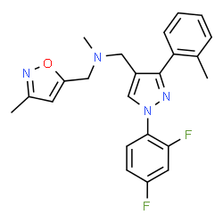 ChemSpider 2D Image | 1-[1-(2,4-Difluorophenyl)-3-(2-methylphenyl)-1H-pyrazol-4-yl]-N-methyl-N-[(3-methyl-1,2-oxazol-5-yl)methyl]methanamine | C23H22F2N4O