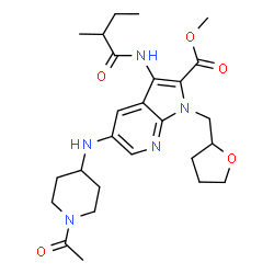 ChemSpider 2D Image | Methyl 5-[(1-acetyl-4-piperidinyl)amino]-3-[(2-methylbutanoyl)amino]-1-(tetrahydro-2-furanylmethyl)-1H-pyrrolo[2,3-b]pyridine-2-carboxylate | C26H37N5O5