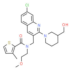 ChemSpider 2D Image | N-({7-Chloro-2-[3-(hydroxymethyl)-1-piperidinyl]-3-quinolinyl}methyl)-N-(2-methoxyethyl)-3-methyl-2-thiophenecarboxamide | C25H30ClN3O3S
