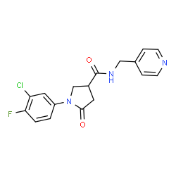 ChemSpider 2D Image | 1-(3-Chloro-4-fluorophenyl)-5-oxo-N-(4-pyridinylmethyl)-3-pyrrolidinecarboxamide | C17H15ClFN3O2