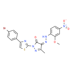 ChemSpider 2D Image | (4Z)-2-[4-(4-Bromophenyl)-1,3-thiazol-2-yl]-4-[(2-methoxy-4-nitrophenyl)hydrazono]-5-methyl-2,4-dihydro-3H-pyrazol-3-one | C20H15BrN6O4S