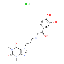 ChemSpider 2D Image | 7-(3-{[(2R)-2-(3,4-Dihydroxyphenyl)-2-hydroxyethyl]amino}propyl)-1,3-dimethyl-3,7-dihydro-1H-purine-2,6-dione hydrochloride (1:1) | C18H24ClN5O5