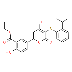 ChemSpider 2D Image | Ethyl 2-hydroxy-5-{4-hydroxy-3-[(2-isopropylphenyl)sulfanyl]-2-oxo-2H-pyran-6-yl}benzoate | C23H22O6S