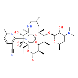ChemSpider 2D Image | 2-[(1'S,2'R,5'R,6'S,7'R,8'R,11'R,13'R,17'S,18'R)-5'-Ethyl-6',7'-dihydroxy-2',6',8',11',13',17'-hexamethyl-3'-oxo-18'-{[(3xi)-3,4,6-trideoxy-3-(dimethylamino)-beta-D-erythro-hexopyranosyl]oxy}-1H-spiro
[piperidine-4,15'-[4,14,16]trioxa[9]azabicyclo[11.3.2]octadecan]-1-yl]-6-methylnicotinonitrile | C41H67N5O9
