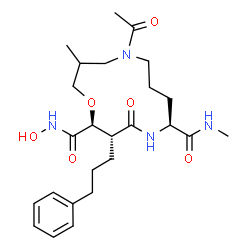 ChemSpider 2D Image | (2S,3R,6S)-10-Acetyl-N~2~-hydroxy-N~6~,12-dimethyl-4-oxo-3-(3-phenylpropyl)-1-oxa-5,10-diazacyclotridecane-2,6-dicarboxamide | C25H38N4O6