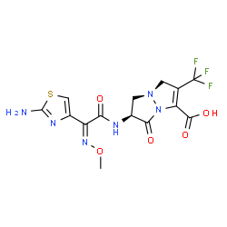 ChemSpider 2D Image | (6S)-6-{[(2Z)-2-(2-Amino-1,3-thiazol-4-yl)-2-(methoxyimino)acetyl]amino}-5-oxo-2-(trifluoromethyl)-6,7-dihydro-1H,5H-pyrazolo[1,2-a]pyrazole-3-carboxylic acid | C14H13F3N6O5S