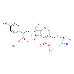 ChemSpider 2D Image | Disodium (7R)-7-{[carboxylato(4-hydroxyphenyl)acetyl]amino}-7-methoxy-3-{[(1-methyl-1H-tetrazol-5-yl)sulfanyl]methyl}-8-oxo-5-oxa-1-azabicyclo[4.2.0]oct-2-ene-2-carboxylate | C20H18N6Na2O9S