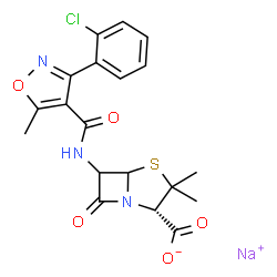 ChemSpider 2D Image | Sodium (2S)-6-({[3-(2-chlorophenyl)-5-methyl-1,2-oxazol-4-yl]carbonyl}amino)-3,3-dimethyl-7-oxo-4-thia-1-azabicyclo[3.2.0]heptane-2-carboxylate | C19H17ClN3NaO5S