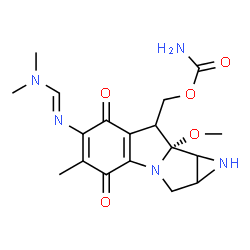 ChemSpider 2D Image | [(8aR)-6-{(E)-[(Dimethylamino)methylene]amino}-8a-methoxy-5-methyl-4,7-dioxo-1,1a,2,4,7,8,8a,8b-octahydroazireno[2',3':3,4]pyrrolo[1,2-a]indol-8-yl]methyl carbamate | C18H23N5O5