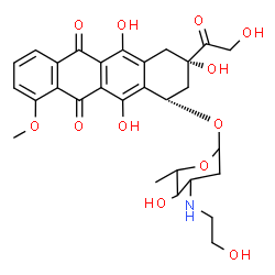 ChemSpider 2D Image | (1S,3S)-3-Glycoloyl-3,5,12-trihydroxy-10-methoxy-6,11-dioxo-1,2,3,4,6,11-hexahydro-1-tetracenyl 2,3,6-trideoxy-3-[(2-hydroxyethyl)amino]hexopyranoside | C29H33NO12