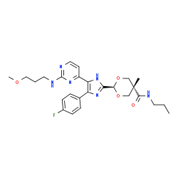 ChemSpider 2D Image | trans-2-[4-(4-Fluorophenyl)-5-{2-[(3-methoxypropyl)amino]-4-pyrimidinyl}-1H-imidazol-2-yl]-5-methyl-N-propyl-1,3-dioxane-5-carboxamide | C26H33FN6O4