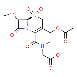 ChemSpider 2D Image | N-{[(6R,7S)-3-(Acetoxymethyl)-7-methoxy-5,5-dioxido-8-oxo-5-thia-1-azabicyclo[4.2.0]oct-2-en-2-yl]carbonyl}-N-methylglycine | C14H18N2O9S