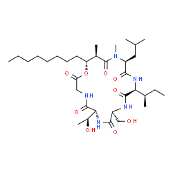 ChemSpider 2D Image | (6R,9S,12S,15S,18R,19R)-12-[(2R)-2-Butanyl]-6-[(1S)-1-hydroxyethyl]-9-(hydroxymethyl)-15-isobutyl-16,18-dimethyl-19-octyl-1-oxa-4,7,10,13,16-pentaazacyclononadecane-2,5,8,11,14,17-hexone | C34H61N5O9