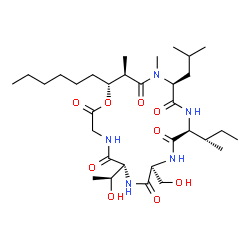 ChemSpider 2D Image | (6R,9S,12S,15S,18R,19R)-12-[(2S)-2-Butanyl]-19-hexyl-6-[(1S)-1-hydroxyethyl]-9-(hydroxymethyl)-15-isobutyl-16,18-dimethyl-1-oxa-4,7,10,13,16-pentaazacyclononadecane-2,5,8,11,14,17-hexone | C32H57N5O9