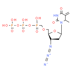 ChemSpider 2D Image | 1-{3-Azido-2,3-dideoxy-5-O-[(hydroxy{[hydroxy(phosphonooxy)phosphoryl]oxy}phosphoryl)methyl]-D-glycero-pentofuranosyl}-6-methyl-5-methylenedihydro-2,4(1H,3H)-pyrimidinedione | C12H20N5O13P3