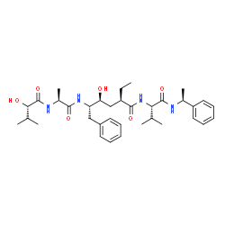 ChemSpider 2D Image | (2R,4S,5S)-2-Ethyl-4-hydroxy-5-({N-[(2S)-2-hydroxy-3-methylbutanoyl]-L-alanyl}amino)-N-[(2S)-3-methyl-1-oxo-1-{[(1S)-1-phenylethyl]amino}-2-butanyl]-6-phenylhexanamide | C35H52N4O6