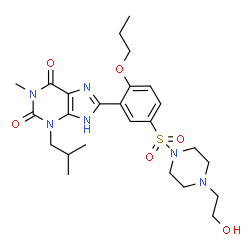 ChemSpider 2D Image | 8-(5-{[4-(2-Hydroxyethyl)-1-piperazinyl]sulfonyl}-2-propoxyphenyl)-3-isobutyl-1-methyl-3,7-dihydro-1H-purine-2,6-dione | C25H36N6O6S
