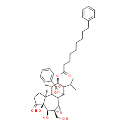 ChemSpider 2D Image | (3bS,3cS,4aR,5S,5aS,8aR,9R,10R)-5,5a-dihydroxy-4a-(hydroxymethyl)-8a,9-dimethyl-6-oxo-2-phenyl-10a-(propan-2-yl)dodecahydro-3bH-2,8b-epoxyoxireno[6,7]azuleno[5,4-e][1,3]benzodioxol-10-yl 9-phenylnonanoate | C42H54O10