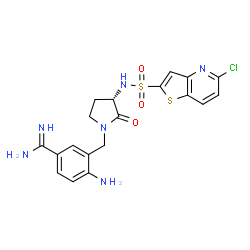 ChemSpider 2D Image | 4-Amino-3-{[(3S)-3-{[(5-chlorothieno[3,2-b]pyridin-2-yl)sulfonyl]amino}-2-oxo-1-pyrrolidinyl]methyl}benzenecarboximidamide | C19H19ClN6O3S2