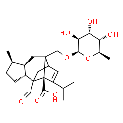 ChemSpider 2D Image | (1R,4R,5R,8R)-2-{[(6-Deoxy-beta-D-altropyranosyl)oxy]methyl}-9-formyl-13-isopropyl-5-methyltetracyclo[7.4.0.0~2,11~.0~4,8~]tridec-12-ene-1-carboxylic acid | C26H38O8