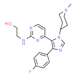 ChemSpider 2D Image | 2-({4-[4-(4-Fluorophenyl)-1-(1-methyl-4-piperidinyl)-1H-imidazol-5-yl]-2-pyrimidinyl}amino)ethanol | C21H25FN6O