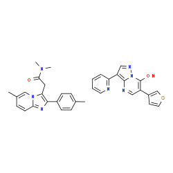 ChemSpider 2D Image | N,N-Dimethyl-2-[6-methyl-2-(4-methylphenyl)imidazo[1,2-a]pyridin-3-yl]acetamide - 3-(2-pyridinyl)-6-(3-thienyl)pyrazolo[1,5-a]pyrimidin-7-ol (1:1) | C34H31N7O2S