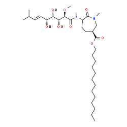 ChemSpider 2D Image | Tridecyl (3S)-1-methyl-7-oxo-6-{[(2R,3R,4S,5R,6E)-3,4,5-trihydroxy-2-methoxy-8-methyl-6-nonenoyl]amino}-3-azepanecarboxylate | C32H58N2O8