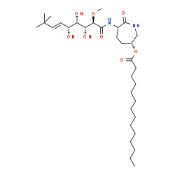 ChemSpider 2D Image | (3R)-7-Oxo-6-{[(2R,3R,4S,5R,6E)-3,4,5-trihydroxy-2-methoxy-8,8-dimethyl-6-nonenoyl]amino}-3-azepanyl myristate | C32H58N2O8