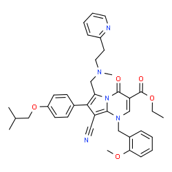 ChemSpider 2D Image | Ethyl 8-cyano-7-(4-isobutoxyphenyl)-1-(2-methoxybenzyl)-6-({methyl[2-(2-pyridinyl)ethyl]amino}methyl)-4-oxo-1,4-dihydropyrrolo[1,2-a]pyrimidine-3-carboxylate | C38H41N5O5
