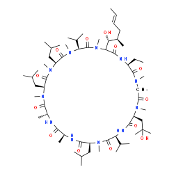 ChemSpider 2D Image | (3S,6S,9S,12R,15S,18S,21S,24S,30S)-30-Ethyl-33-[(1R,2R,4E)-1-hydroxy-2-methyl-4-hexen-1-yl]-24-(2-hydroxy-2-methylpropyl)-6,9,18-triisobutyl-3,21-diisopropyl-1,4,7,10,12,15,19,25,28-nonamethyl-1,4,7,1
0,13,16,19,22,25,28,31-undecaazacyclotritriacontane-2,5,8,11,14,17,20,23,26,29,32-undecone | C62H111N11O13