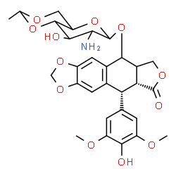 ChemSpider 2D Image | (8aR,9R)-9-(4-Hydroxy-3,5-dimethoxyphenyl)-8-oxo-5,5a,6,8,8a,9-hexahydrofuro[3',4':6,7]naphtho[2,3-d][1,3]dioxol-5-yl 2-amino-2-deoxy-4,6-O-ethylidenehexopyranoside | C29H33NO12